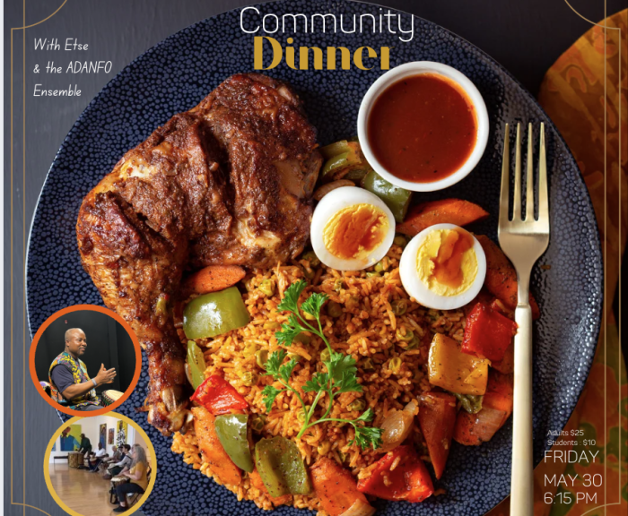 Rhythms of the Diaspora African Drumming Workshop and dinner. Image of Jolly rice, chicken. Image of people playing African Drums at the community folk art center.